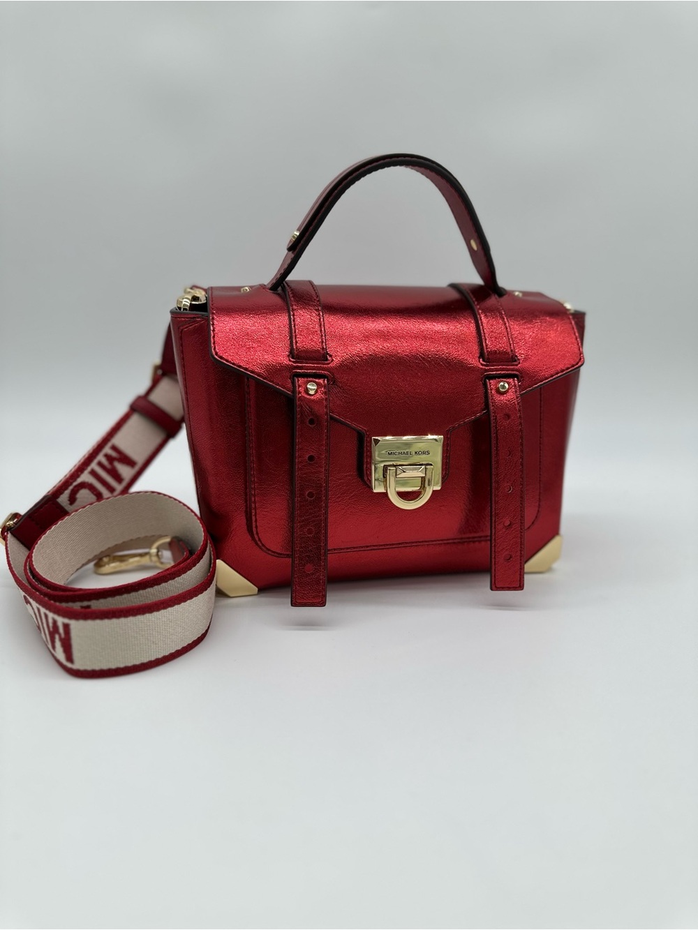 Michael Kors Metallic Red Leather Satchel with Branded Strap